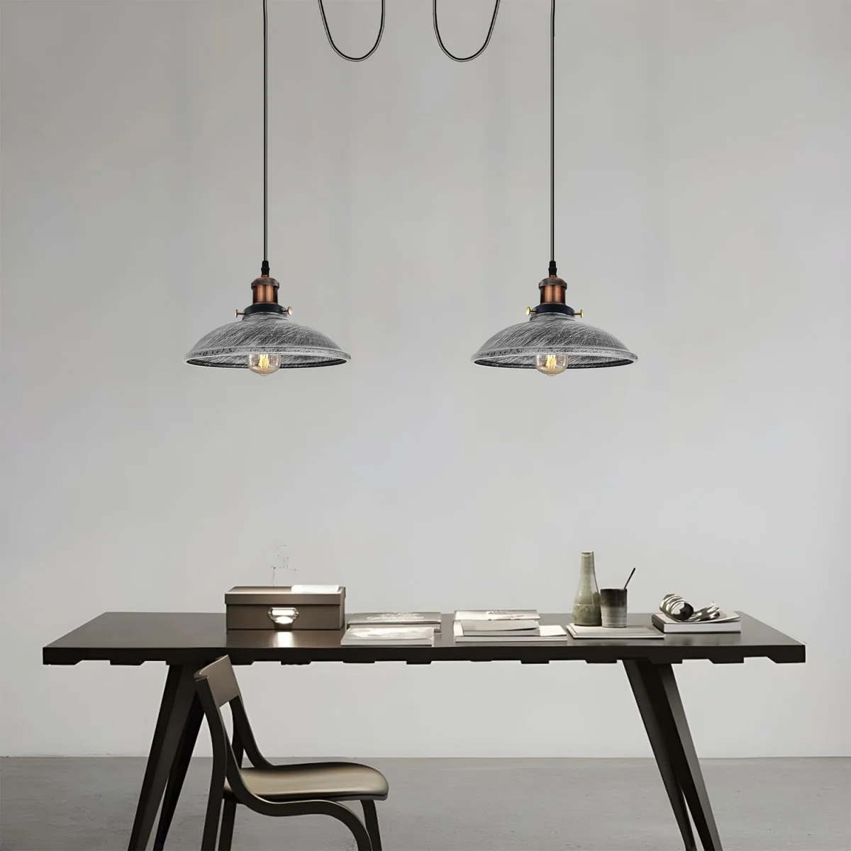 Vintage chandelier ceiling light on a brushed silver metal base with two E27 holders, PVC cable, and decorative pulleys.