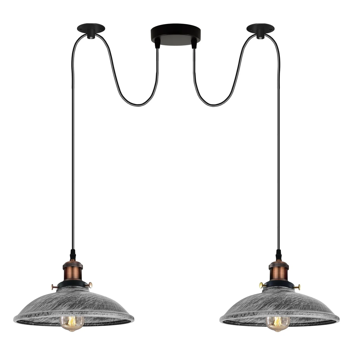 Two-way vintage chandelier ceiling light in brushed silver metal & PVC, 2‑m cable, two E27 lamp bases, decorative pendant.