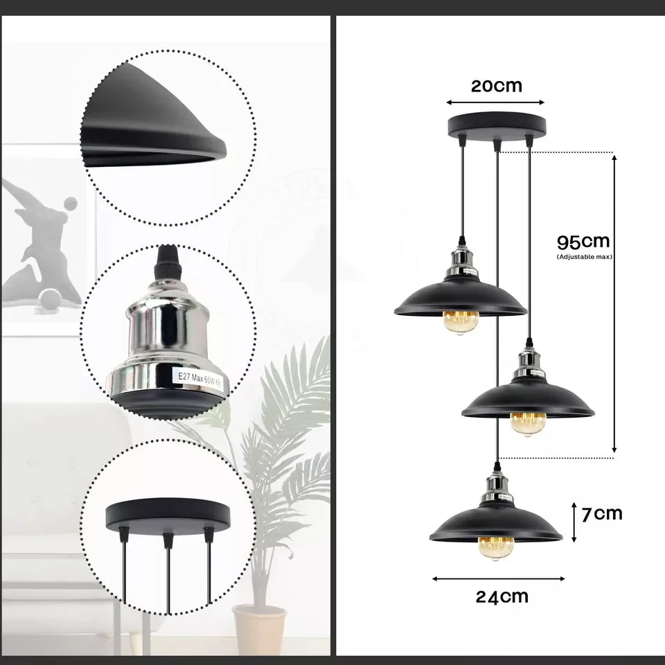 Retro E27 bulb pendant light with metal frame, PVC cable, 3 lampshades, suitable for indoor living spaces