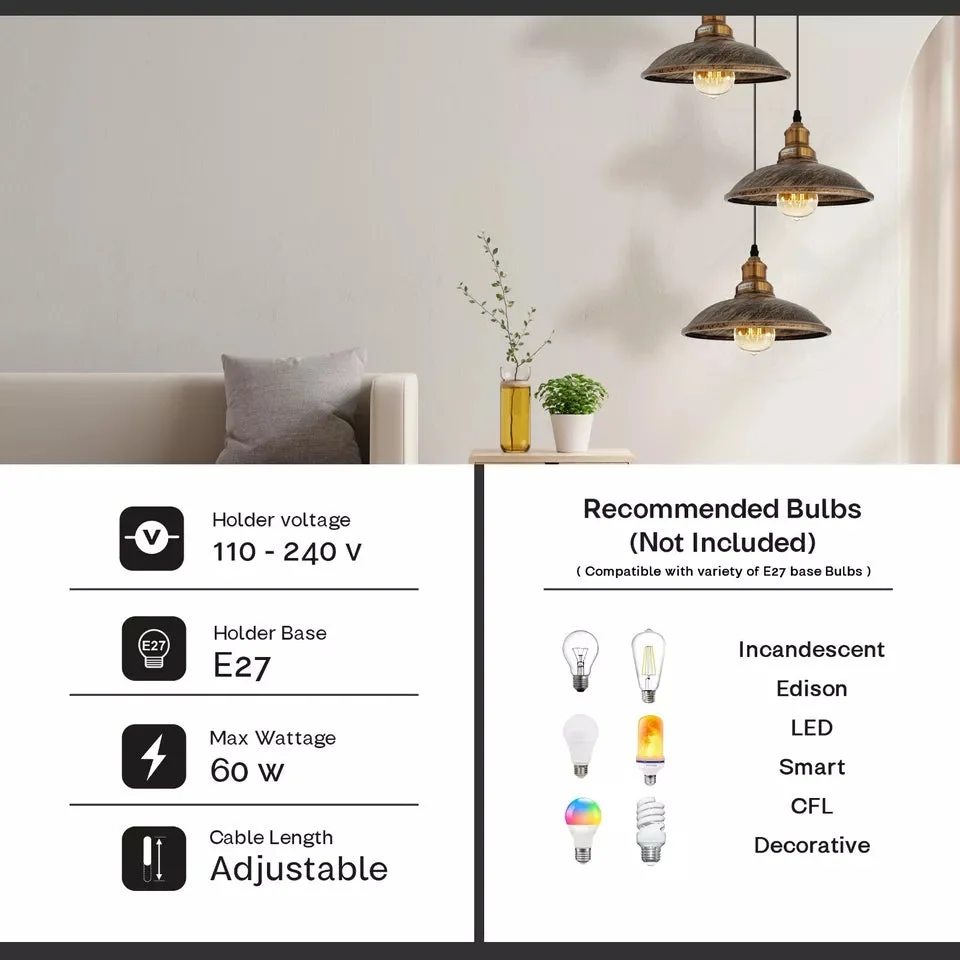 Three retro metal pendant lamps, each a metal pendant lamp with black & brushed silver shades, hanging from a canopy.