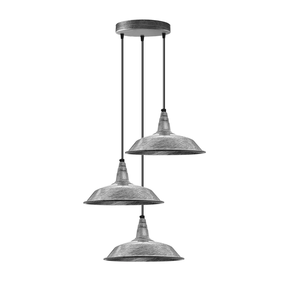 Retro pendant light with metal shade and 95cm cord, black and brushed silver finish, LED bulb holder visible.