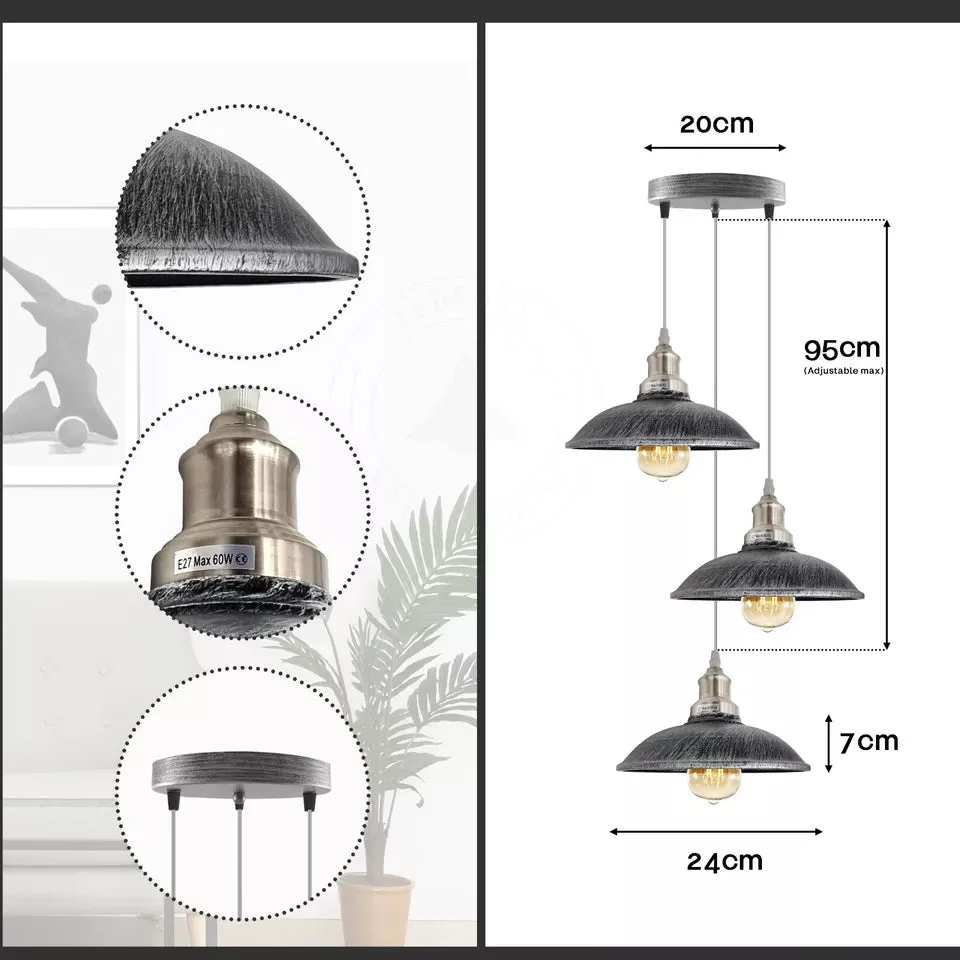 Retro pendant light in black, metal base with metal shade, hanging from ceiling, 95cm PVC cable.