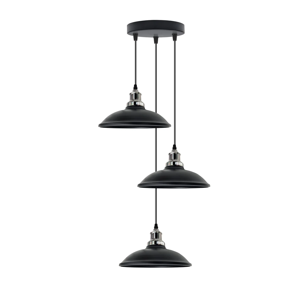 Retro pendant light with metal shade, PVC cable, E27 base, black finish, hanging from ceiling.