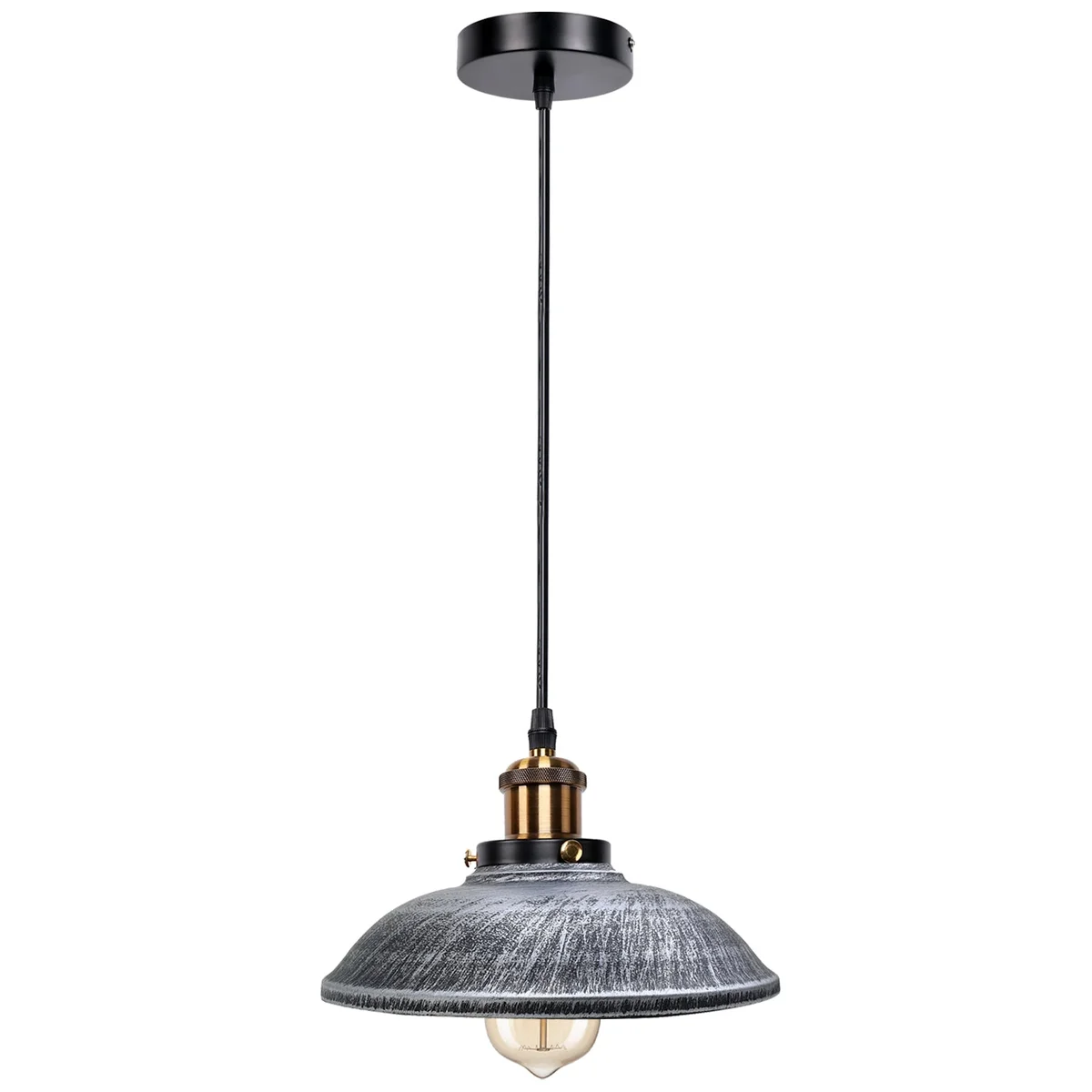 Brushed silver metal pendant lamp with retro industrial cage design, hanging from ceiling rose, 95cm cord, E27 socket