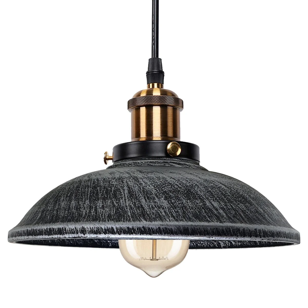 Vintage style ceiling light with metal cage pendant, brushed silver hand‑painted lampshade, retro industrial design.