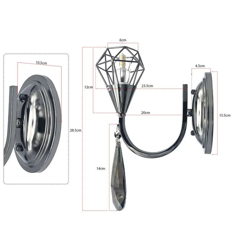 Curved arm chrome K9 crystal wall light with droplet crystal and circular back plate, stylish metal fixture.