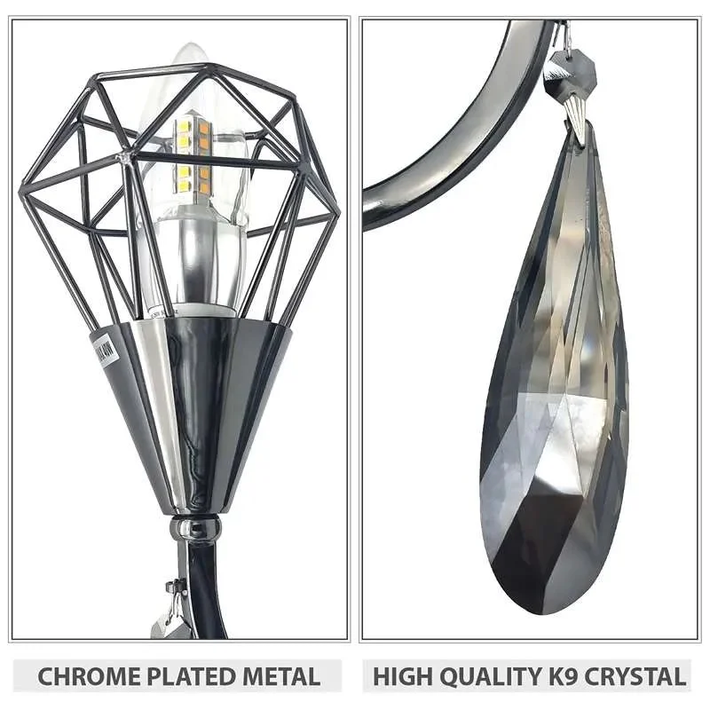 Chic chrome curved arm wall light with K9 crystal droplet and single candelabra lamp, wall‑mounted modern metal fixture.