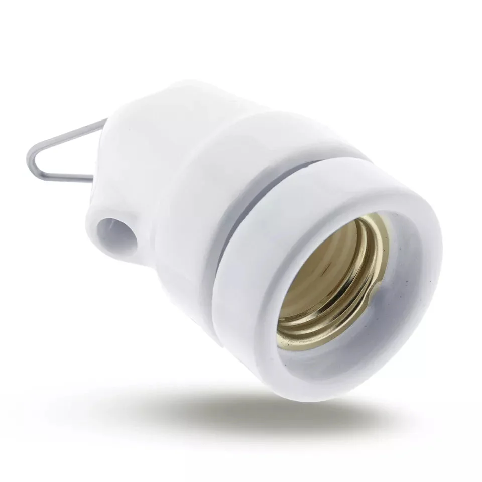White metal E27 lamp holder in ceramic with black base and stainless hook, suitable for indoor outdoor lamp holder