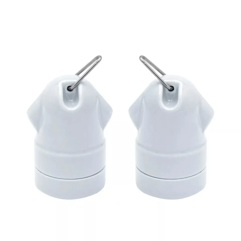White and black E27 lamp holder with ceramic body, stainless hook socket, CE certified bulb socket, ideal for vintage fixtures.