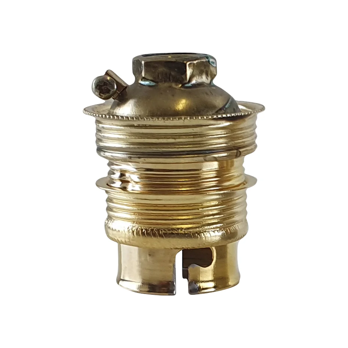 B22 bayonet lamp holder in antique brass, showing mounting screw, ready for bare bulb pendant