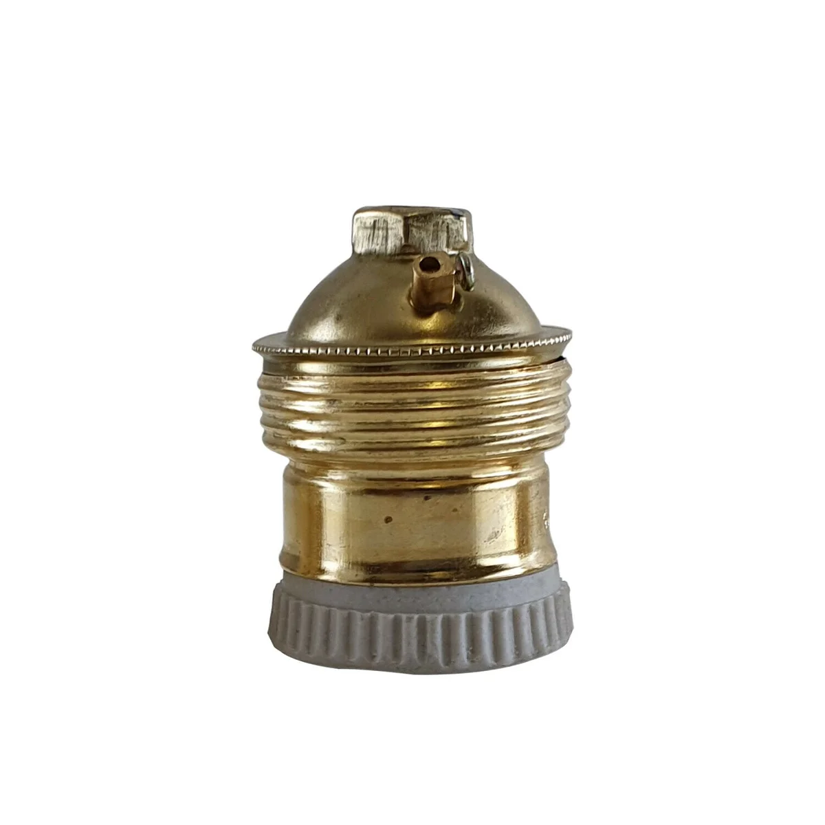 Satine nickel bayonet lamp holder, self‑locking metal alloy and ceramic core, 56mm tall, 38mm diameter, fits E27 bulbs.