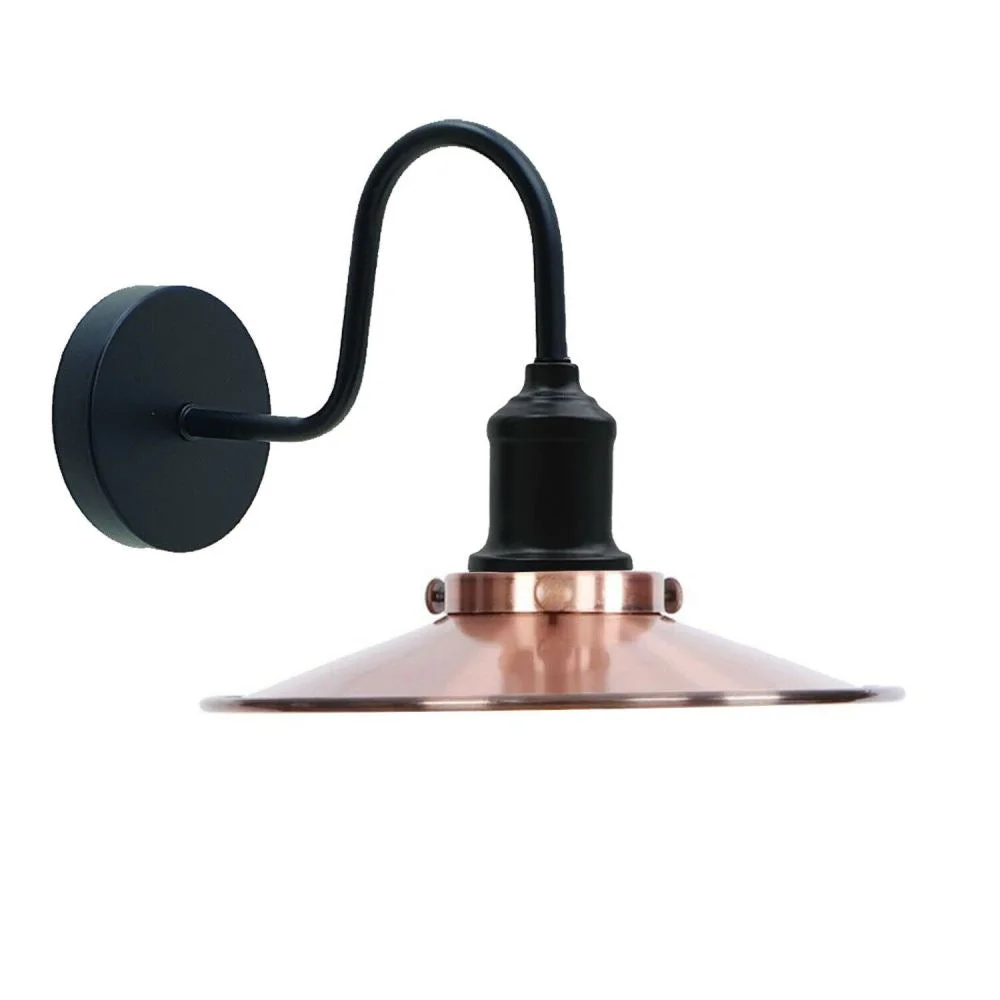 Minimalist wall sconce with matte metal cone and white hood, 22 cm wide, 10 cm tall, fitted with an E27 base.