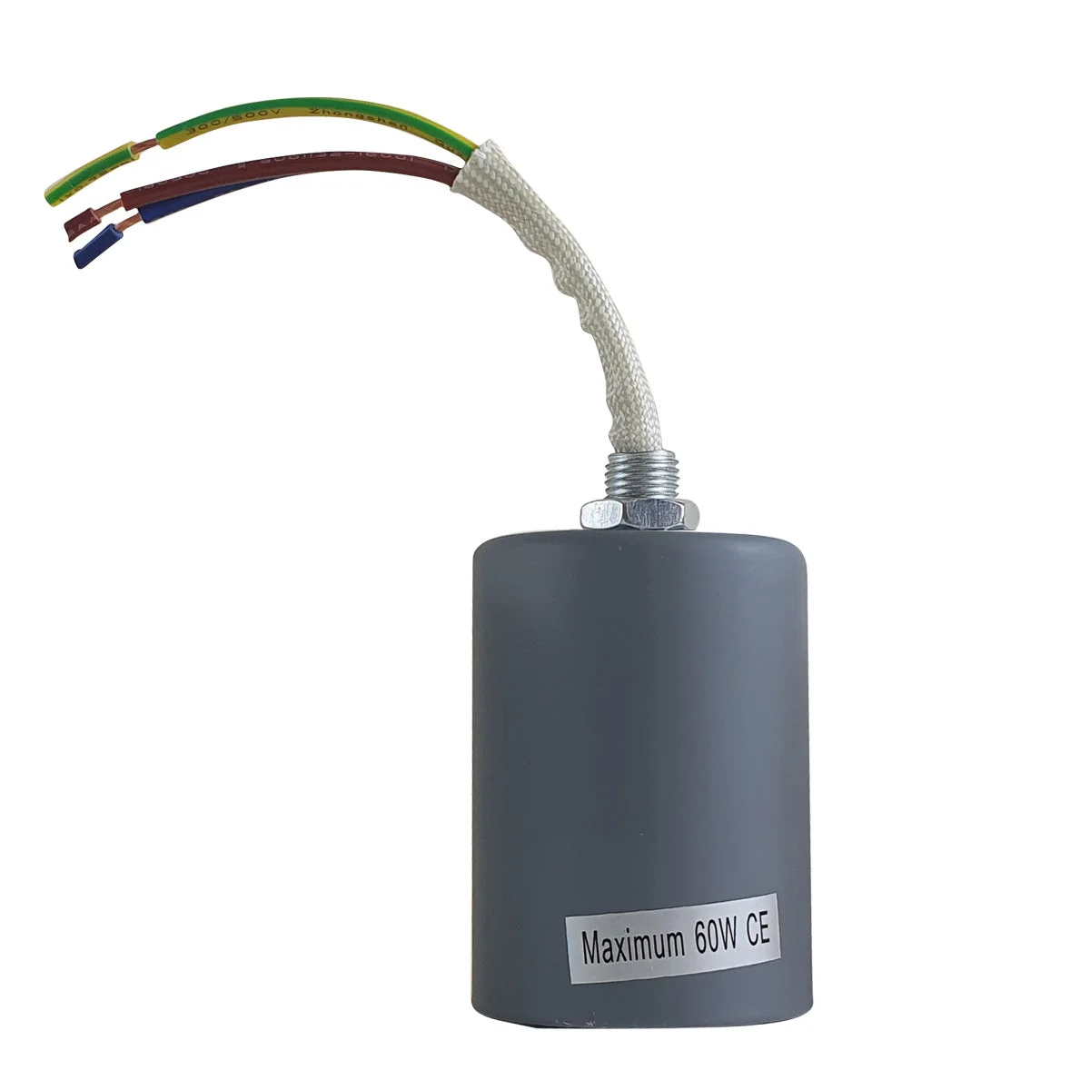 industrial lamp holder in vintage metal finish, showing exposed metal and E27 Edison screw socket.