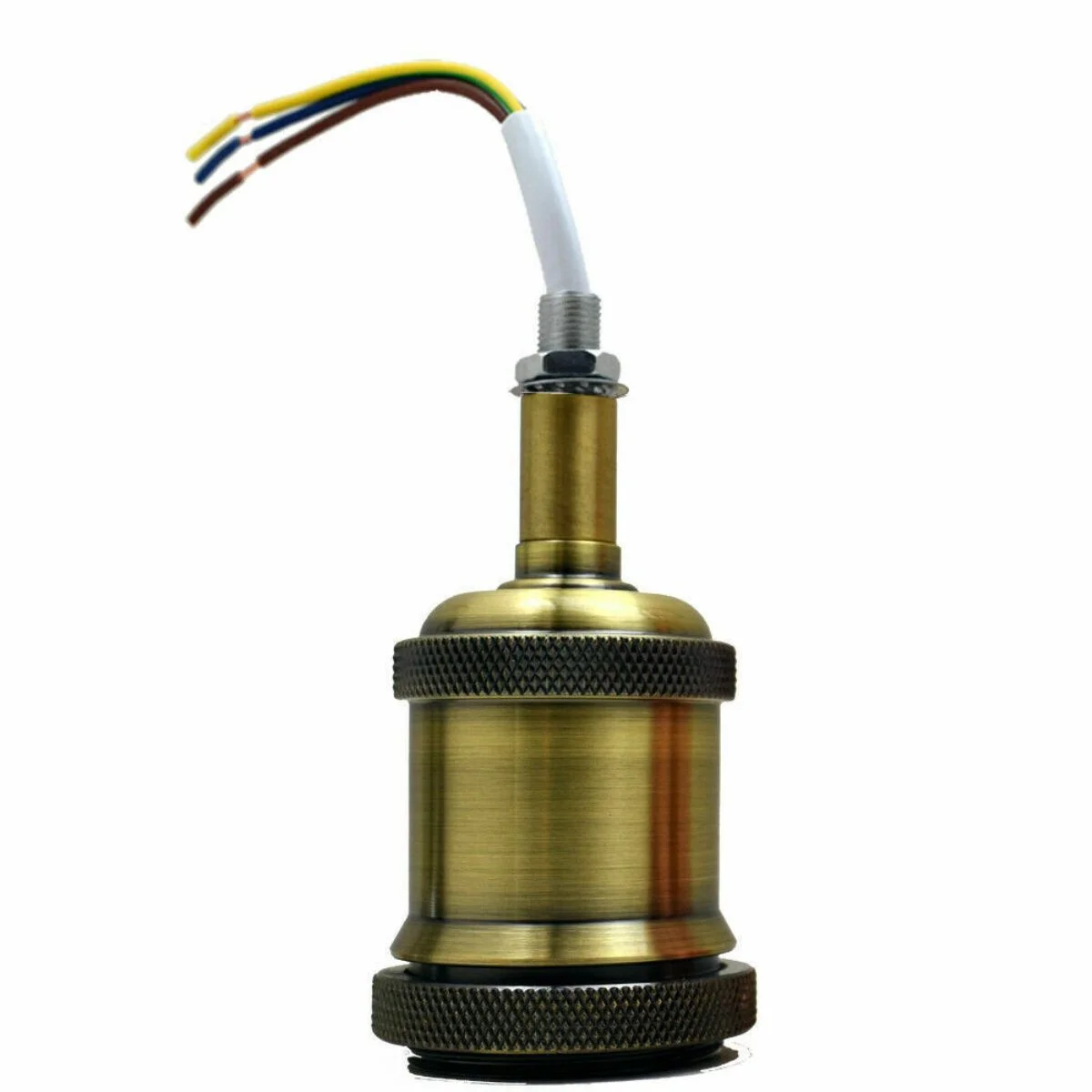 Vintage E27 lamp holder in yellow brass, sleek metal socket with 9cm height, 4cm width, classic industrial design.