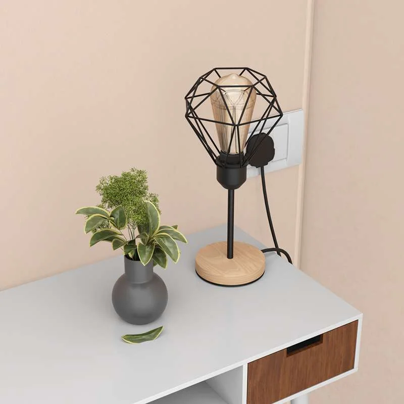 vintage table lamp with diamond‑shaped metal cage shade, natural wood base, E27 socket, ideal for desk or bedside.