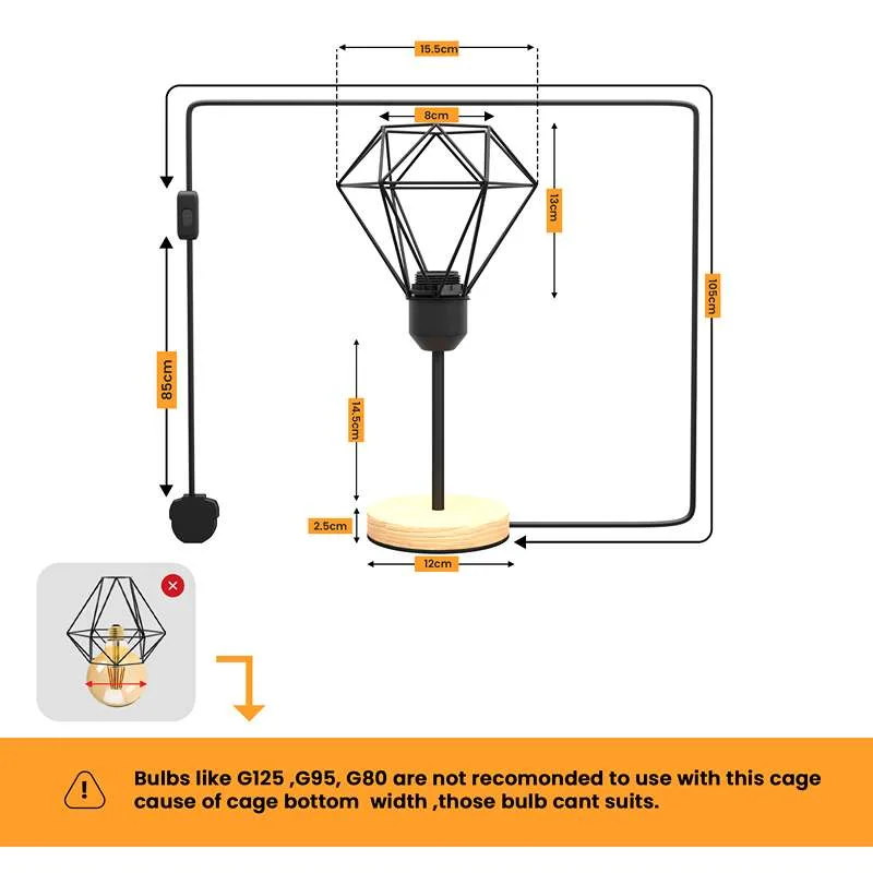 Vintage diamond cage lamp with black metal shade on natural wood base, 35cm high, plug‑in power cable.