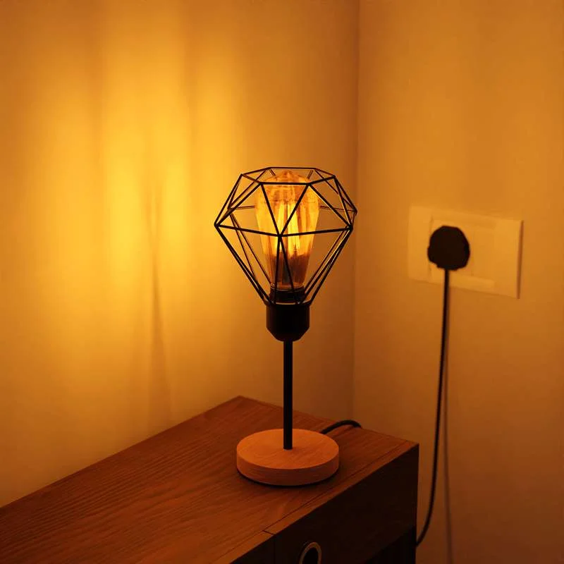 Vintage table lamp with black diamond metal cage shade, natural wood base, an E27 bulb lamp.