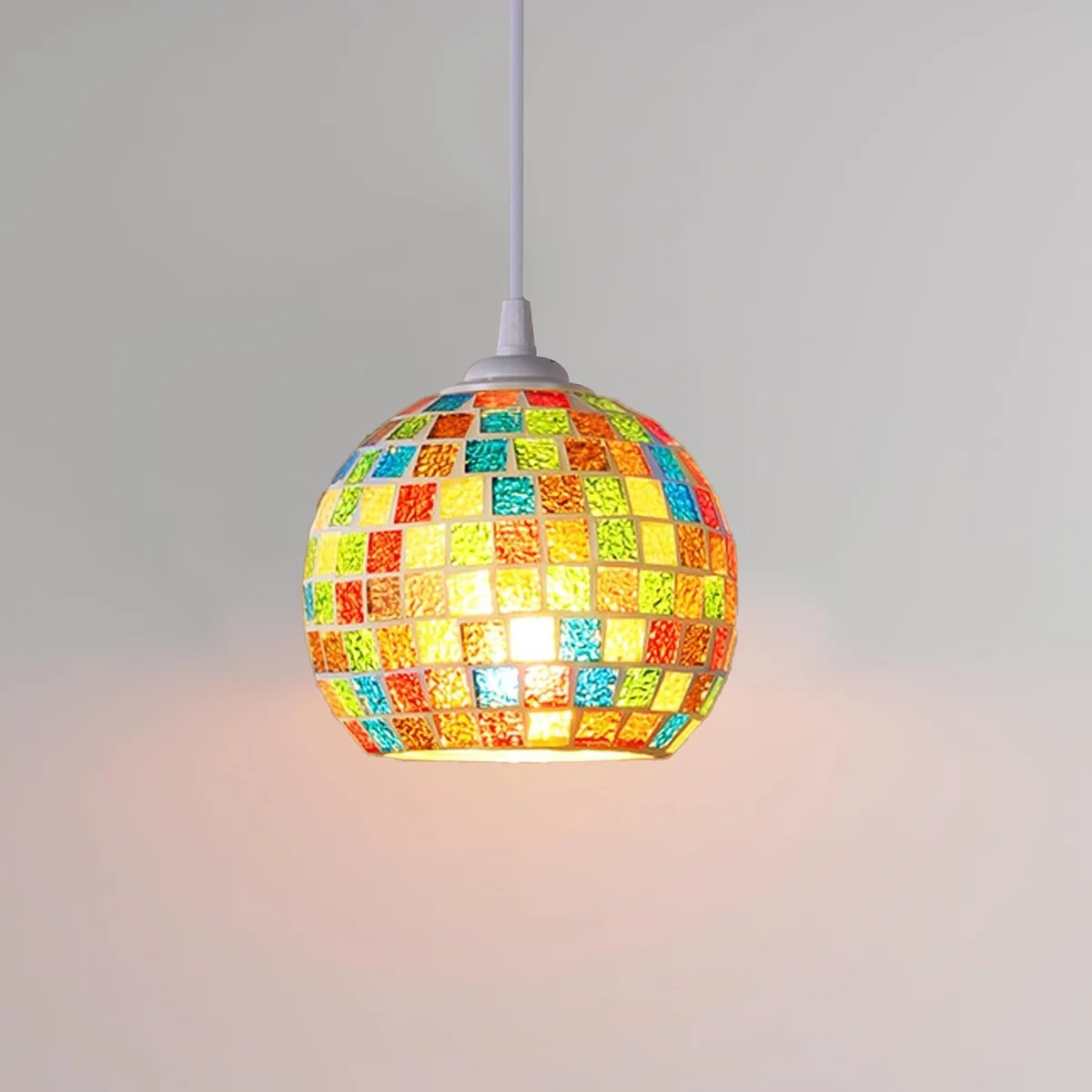 Bright glass mosaic lamp with globe‑shaped, multicoloured mosaic tiles and glass beads, a vintage table lamp shade.