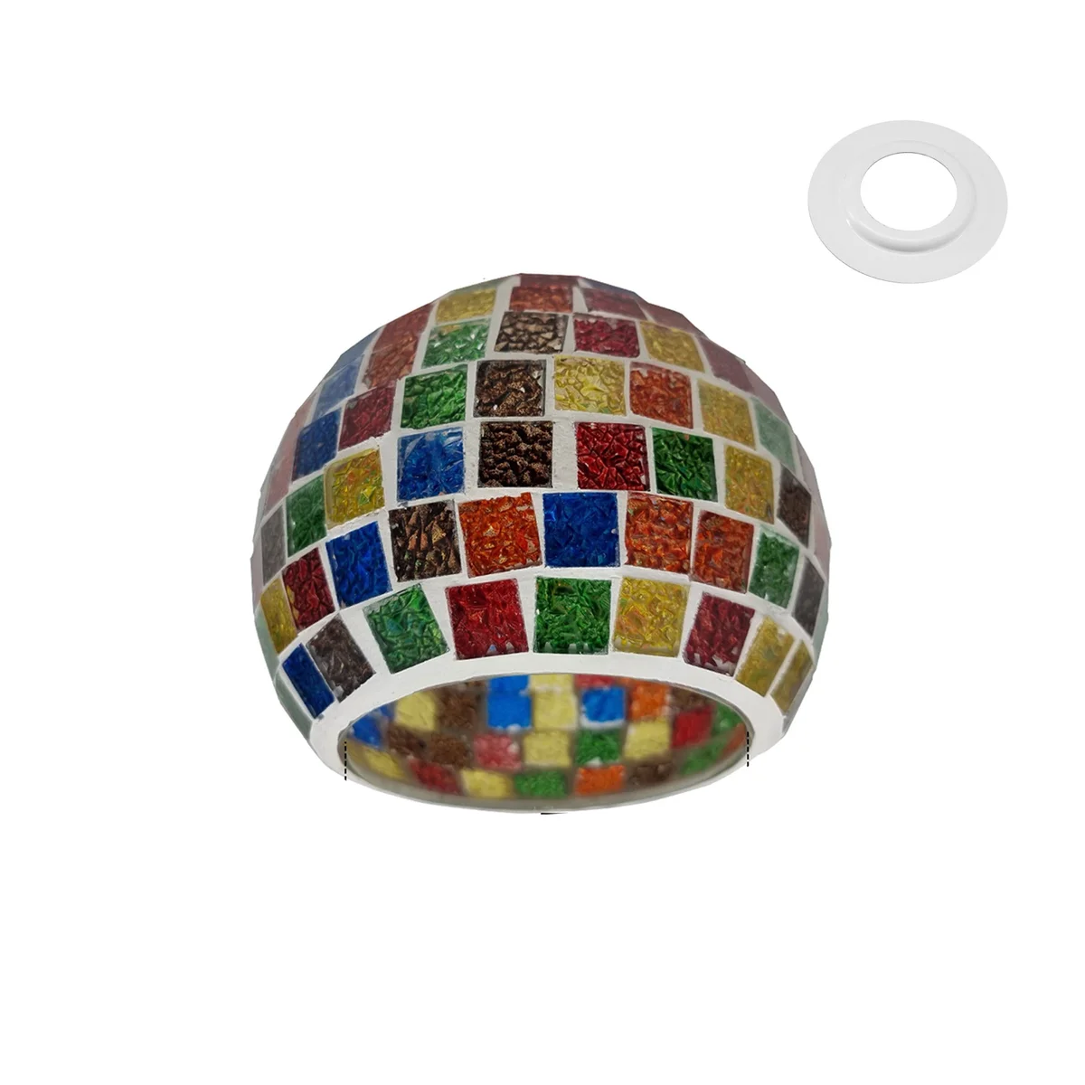 Bedside mosaic lamp with globe shaped multi‑colored mosaic glass shade, hand‑cut pieces, and glass beads.