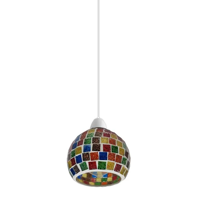 Mosaic glass globe shape lampshade, hangs on wall socket.