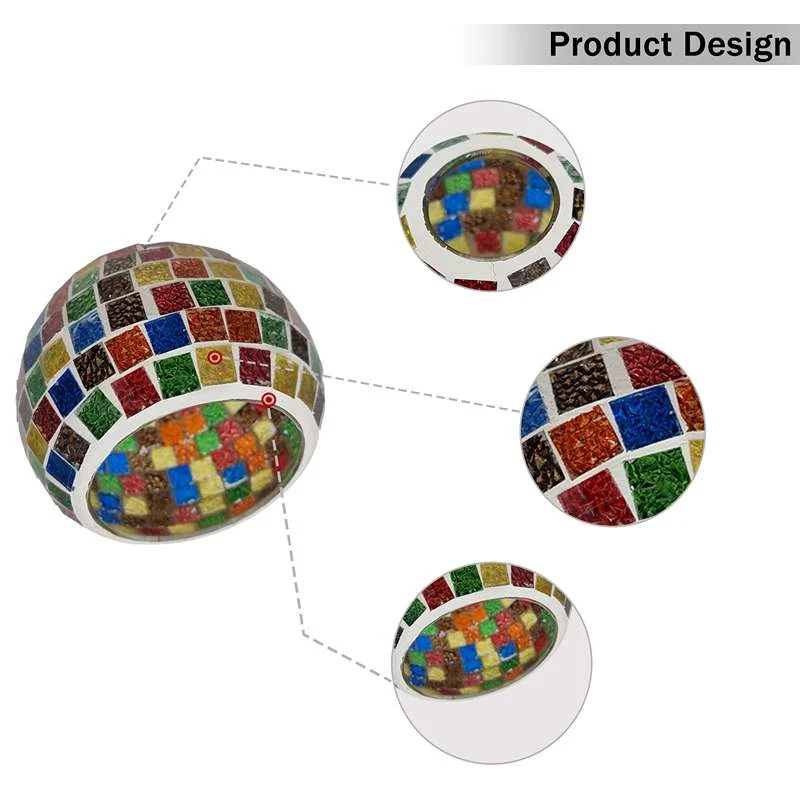 Globe-shaped mosaic table lamp with hand‑cut multi‑colored glass tiles, 15 cm wide, 13 cm tall, ready for E27 base.