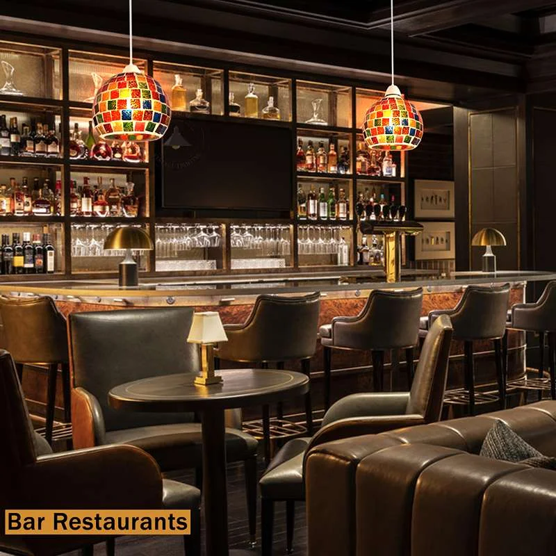 Globe‑shaped mosaic table lamp with multicoloured hand‑cut glass tiles and beads, 15 cm wide, 13 cm high, vintage style lighting.