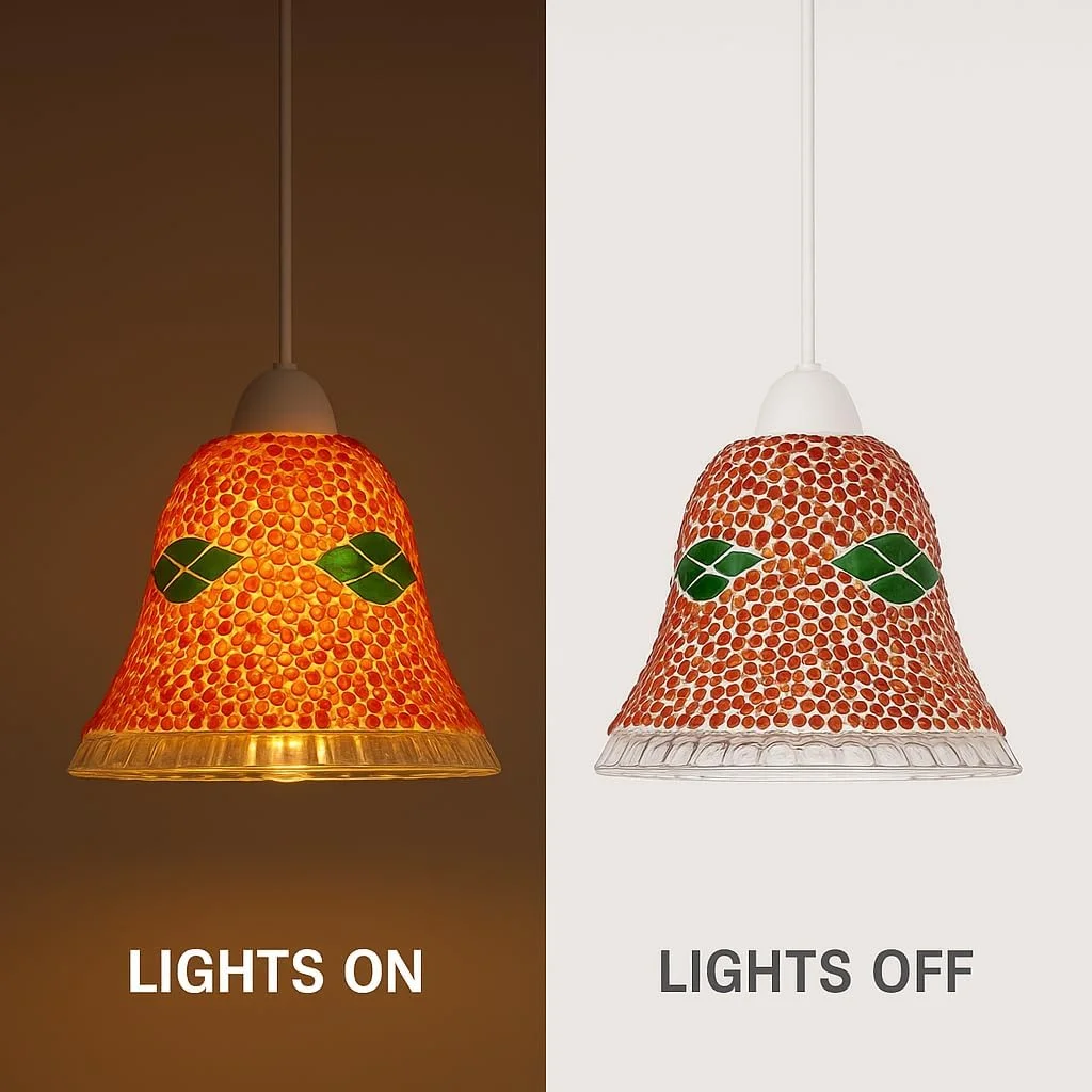 Handmade red mosaic glass globe lamp shade for E27 pendant light holder, featuring geometric patterns.