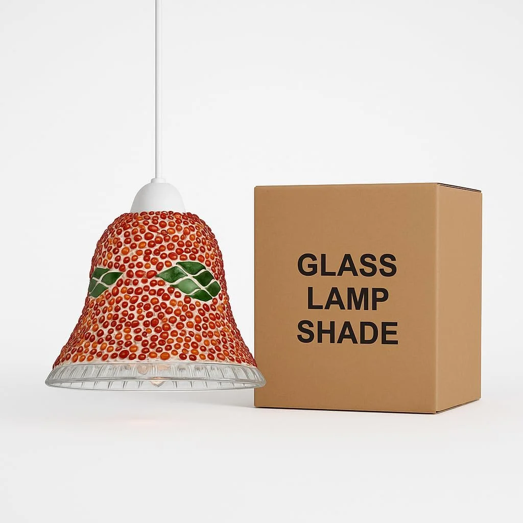 Handmade red glass globe pendant lamp with vibrant mosaic design, hanging from ceiling.