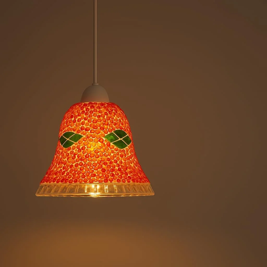 Red geometric mosaic glass lamp shade, globe shape, modern industrial style, 13.5 cm base, bright stained‑glass glow.