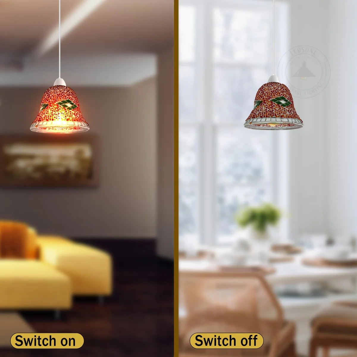 Handmade red mosaic glass globe lamp shade, E27 fit, geometric, circular patterns, decorative ceiling lamp for small spaces