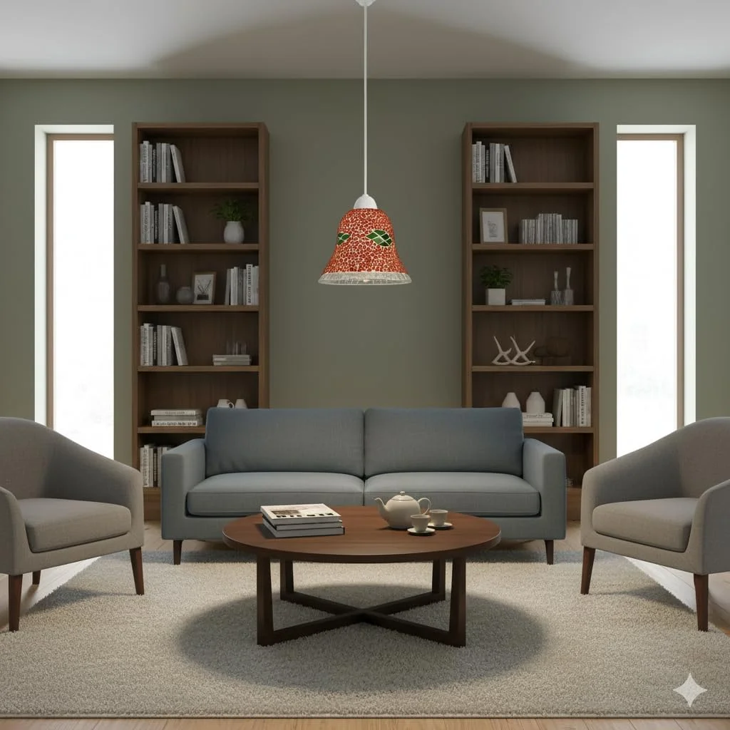 Red mosaic pendant lamp with globe shape, handcrafted glass pieces creating geometric patterns, mounted on E27 holder for hanging