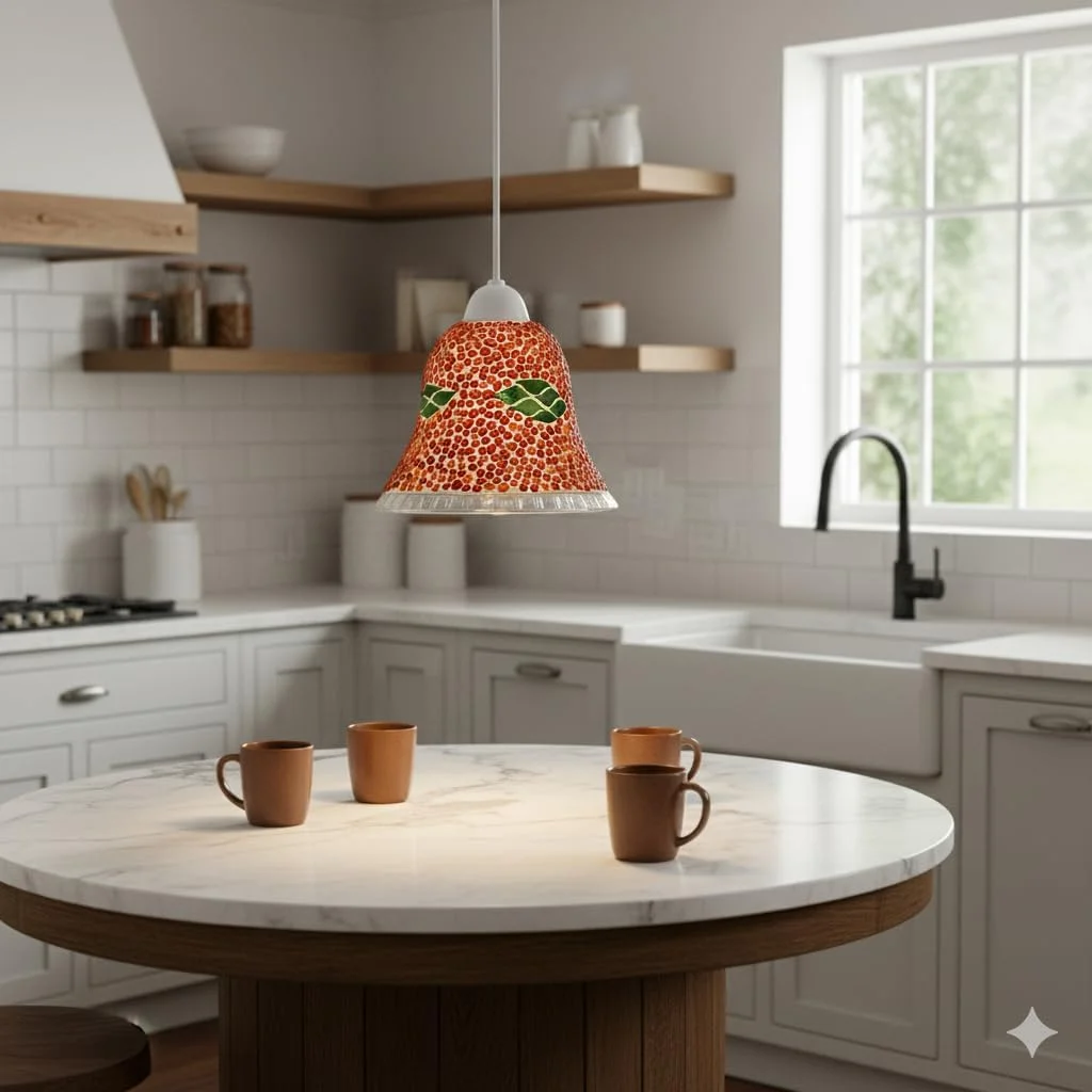 Handmade red mosaic pendant lamp with globe glass shade hanging over a simple base, featuring bright geometric cut glass.