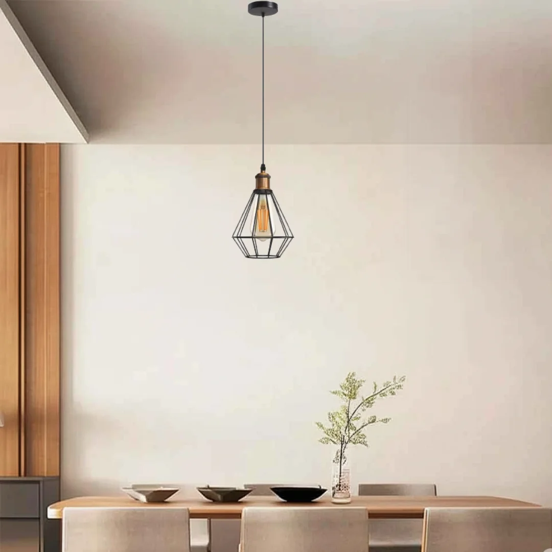 Black metal wire cage industrial pendant light with adjustable PVC cord, 20cm diameter cage, 10cm ceiling rose, 95cm cord