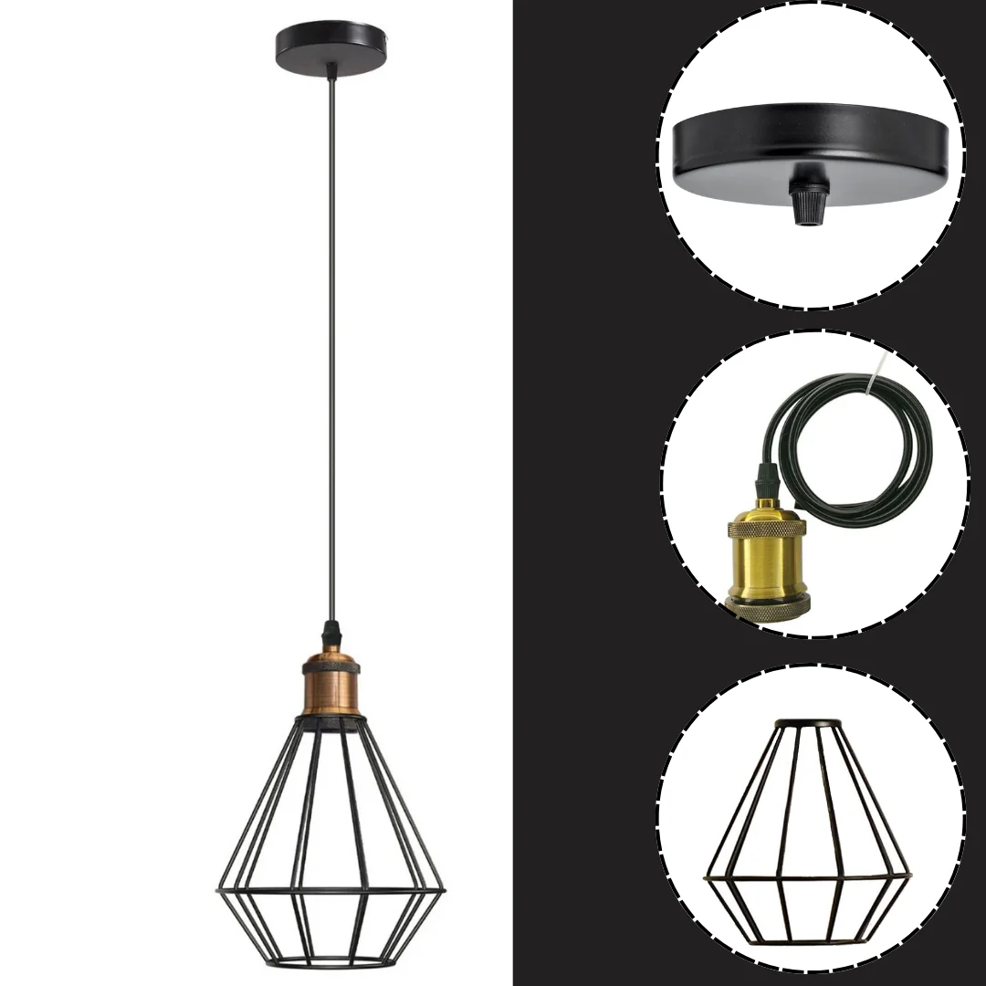 Industrial adjustable ceiling light: black wire cage pendant with 20cm width, 20cm height, 95cm adjustable cord, E27 holder.
