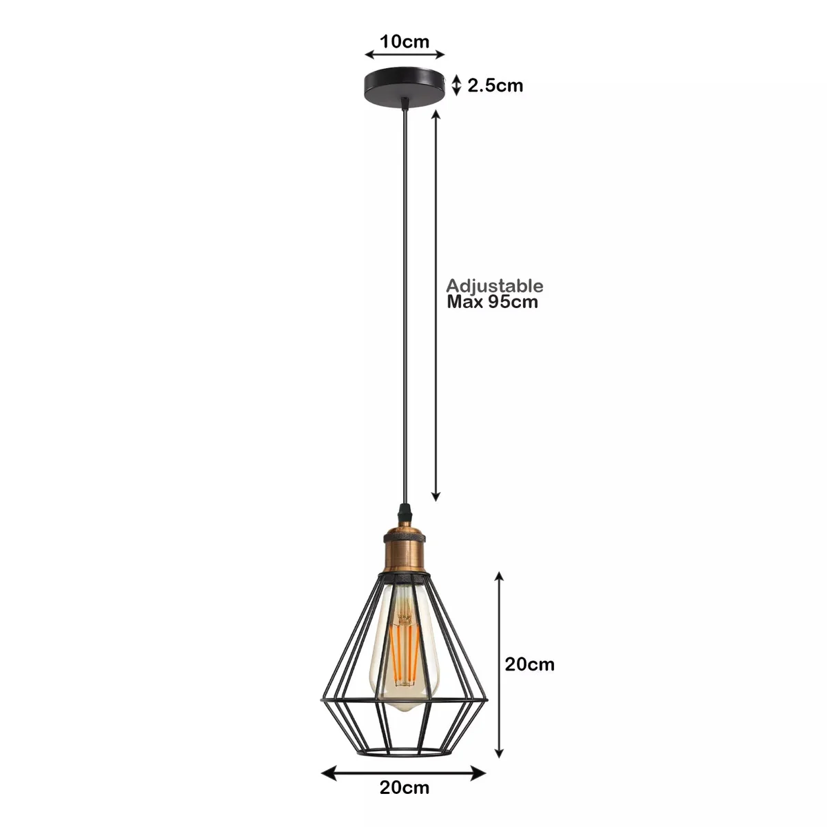Black industrial single head E27 bulb pendant light with wire cage, 20cm square, adjustable 95cm PVC cord.