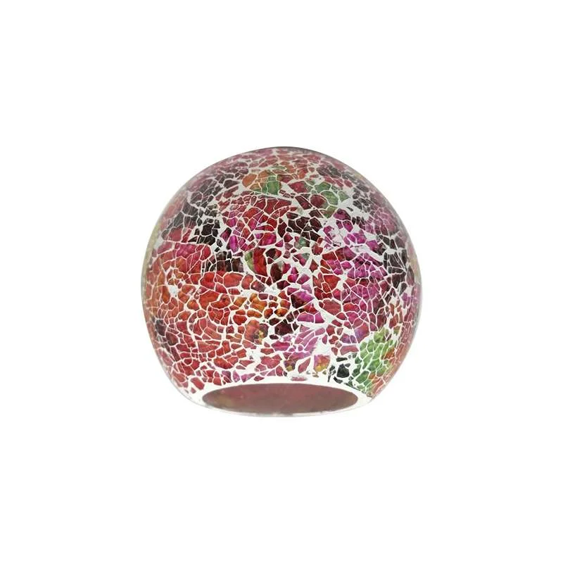 Globally-shaped Moroccan style lamp with handcrafted mosaic tiles and crackle glass finish.