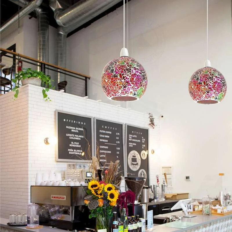 Handcrafted Moroccan mosaic globe shaped lampshade with crackle glass beads and colourful tiles, suitable for pendant light