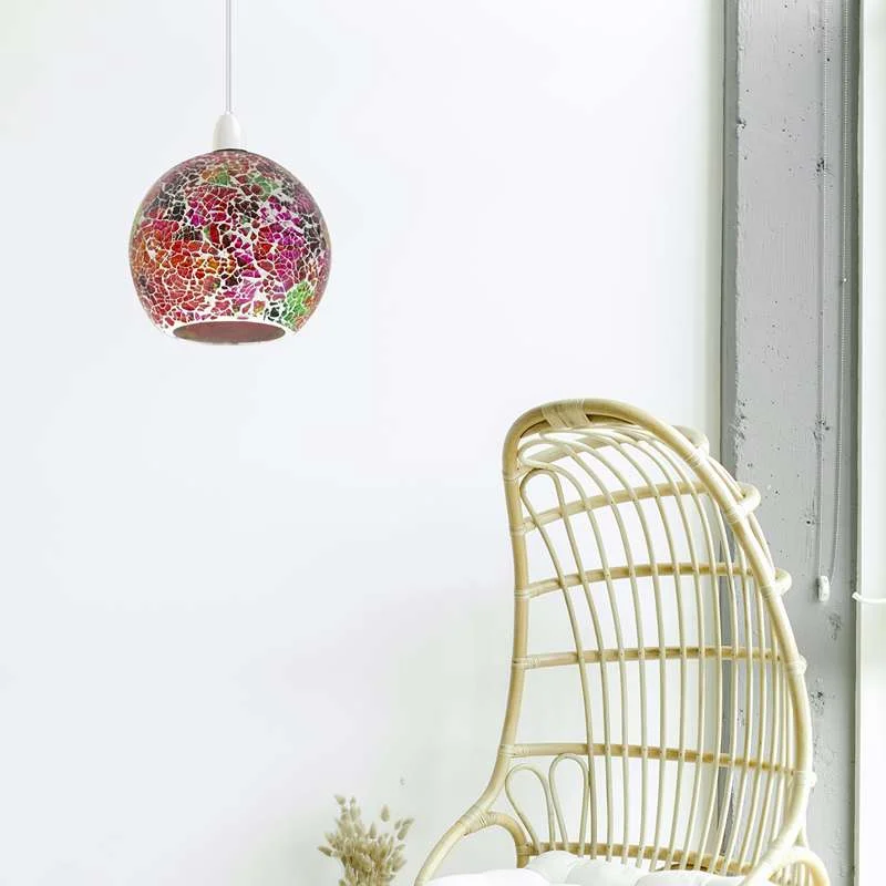 Globe-shaped mosaic glass lampshade with vibrant crackle glass and colourful Moroccan tiles, inset in a simple brass ring.