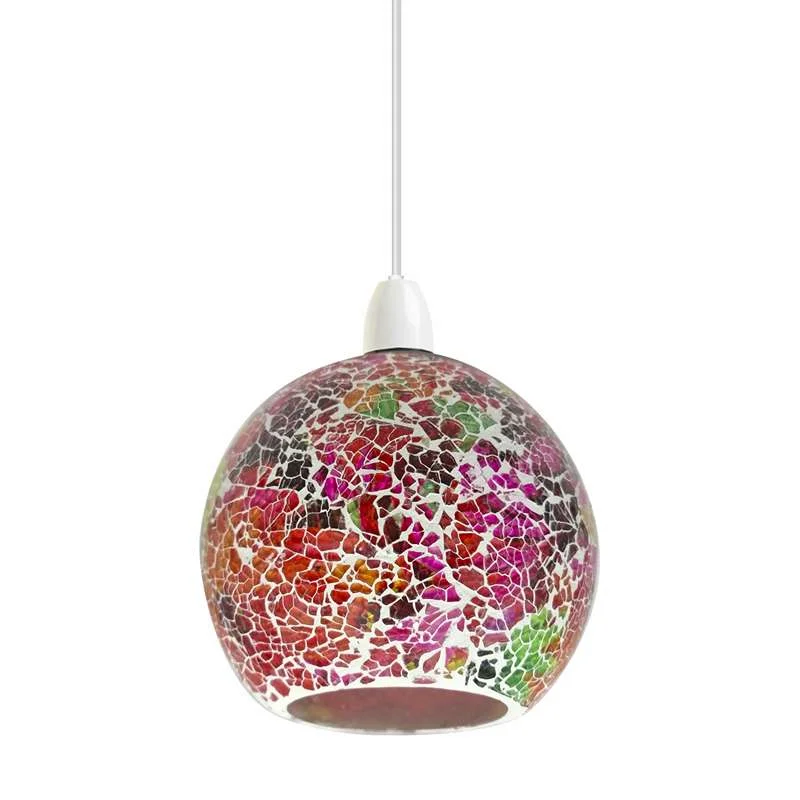 Handcrafted Moroccan‑style globe‑shaped mosaic glass lampshade with vibrant crackle glass and colourful tile beads