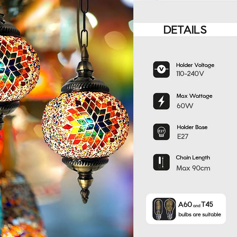 Multicolour pendant light in a 14cm mosaic glass globe suspended on an ornate antique brass chain