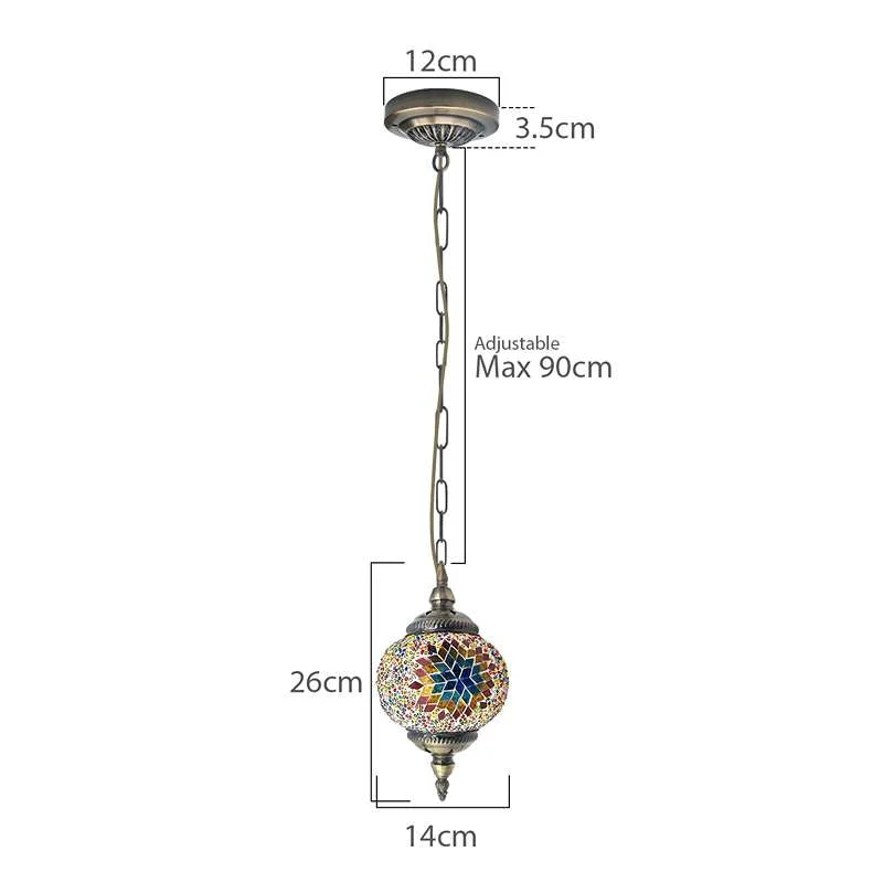 hand-cut glass pendant with mosaic globe on antique brass chain, 14cm diameter, 120cm height
