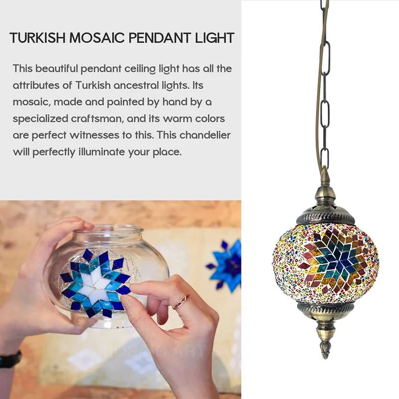 antique brass pendant light with multicolour mosaic glass globe hanging from adjustable chain