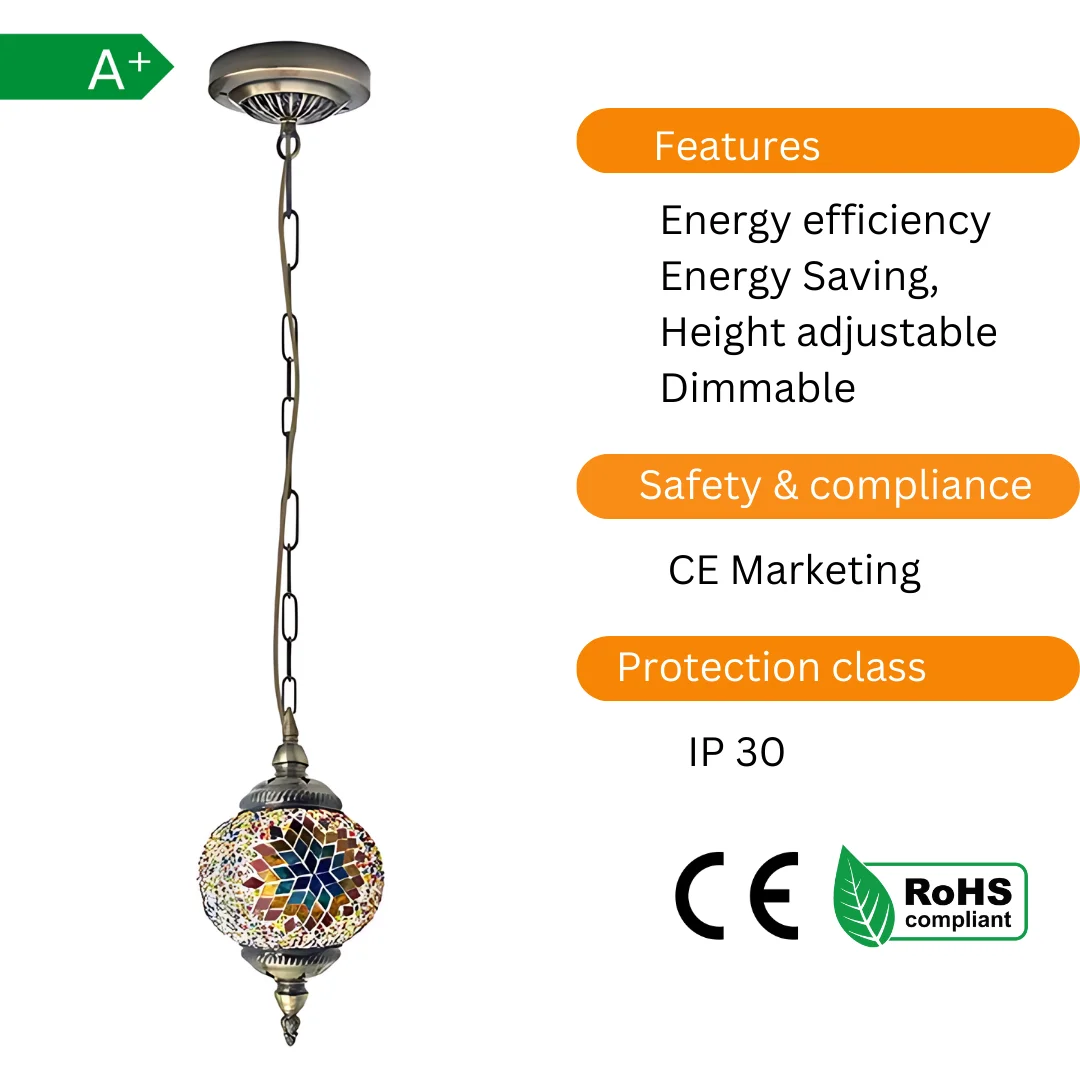 Turkish Tiffany pendant light with 14 cm multicoloured mosaic glass globe hanging from ornate antique brass chain.