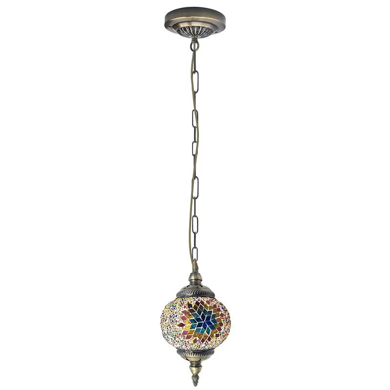 Turkish mosaic pendant light with 14cm multicoloured hand‑cut glass globe hanging on antique brass chain.