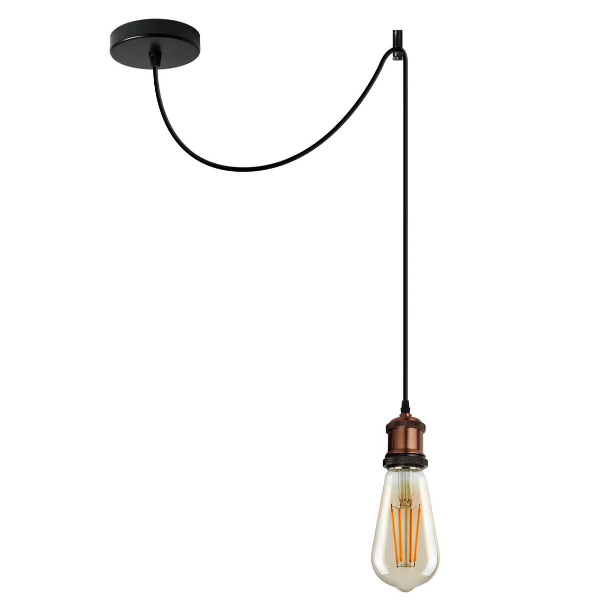 Metal pendant holder in yellow brass, retro style, with 95 cm PVC cable hanging from a ceiling rose.