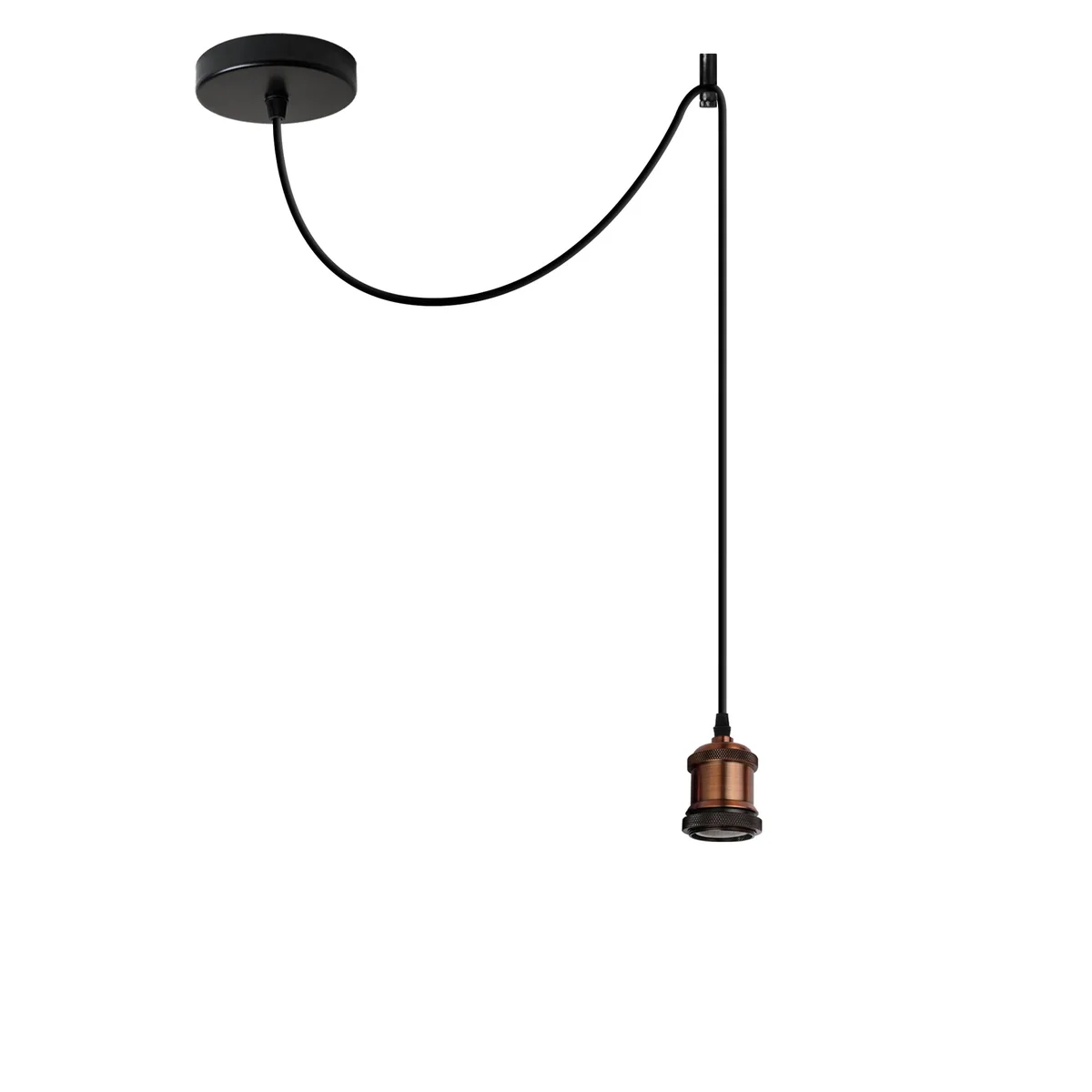 E27 bulb pendant light with yellow brass metal and PVC holder, suspended from ceiling via hook, retro vintage design.