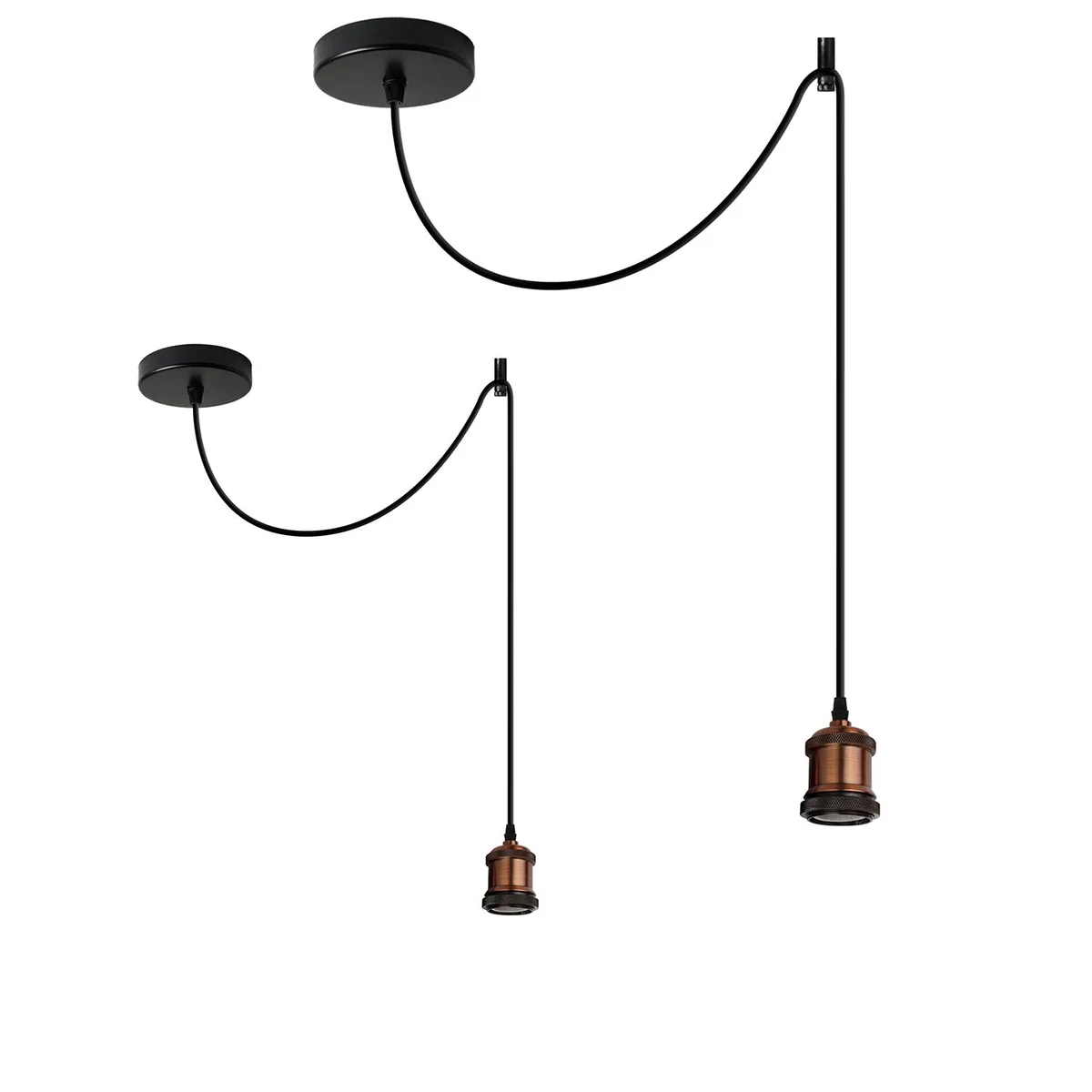 Retro pendant holder in yellow brass with metal and PVC housing, hanging from a 95cm cable, with a round ceiling rose.