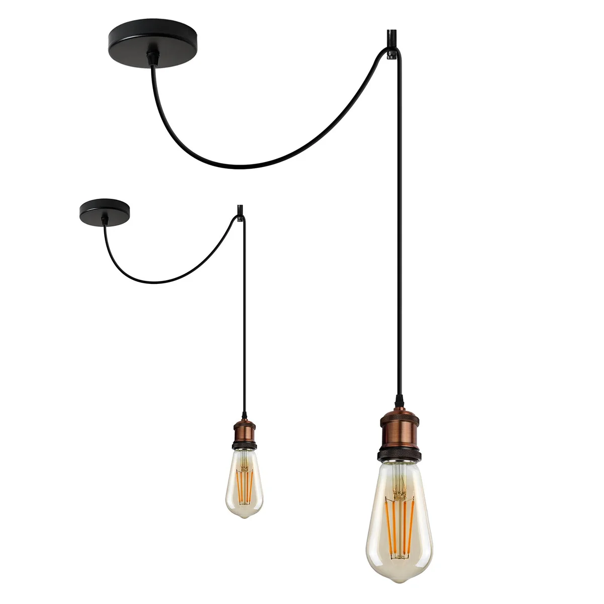 Retro pendant holder in yellow brass, metal and PVC, with a ceiling rose and adjustable 95cm cable, dimmable.