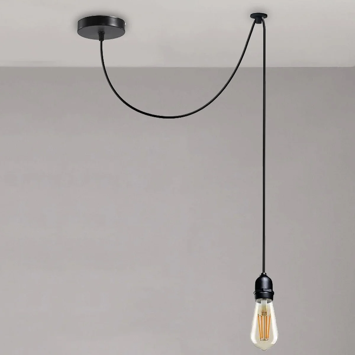Modern black E27 pendant light with long cable hanging from ceiling, suitable for indoor/outdoor use.