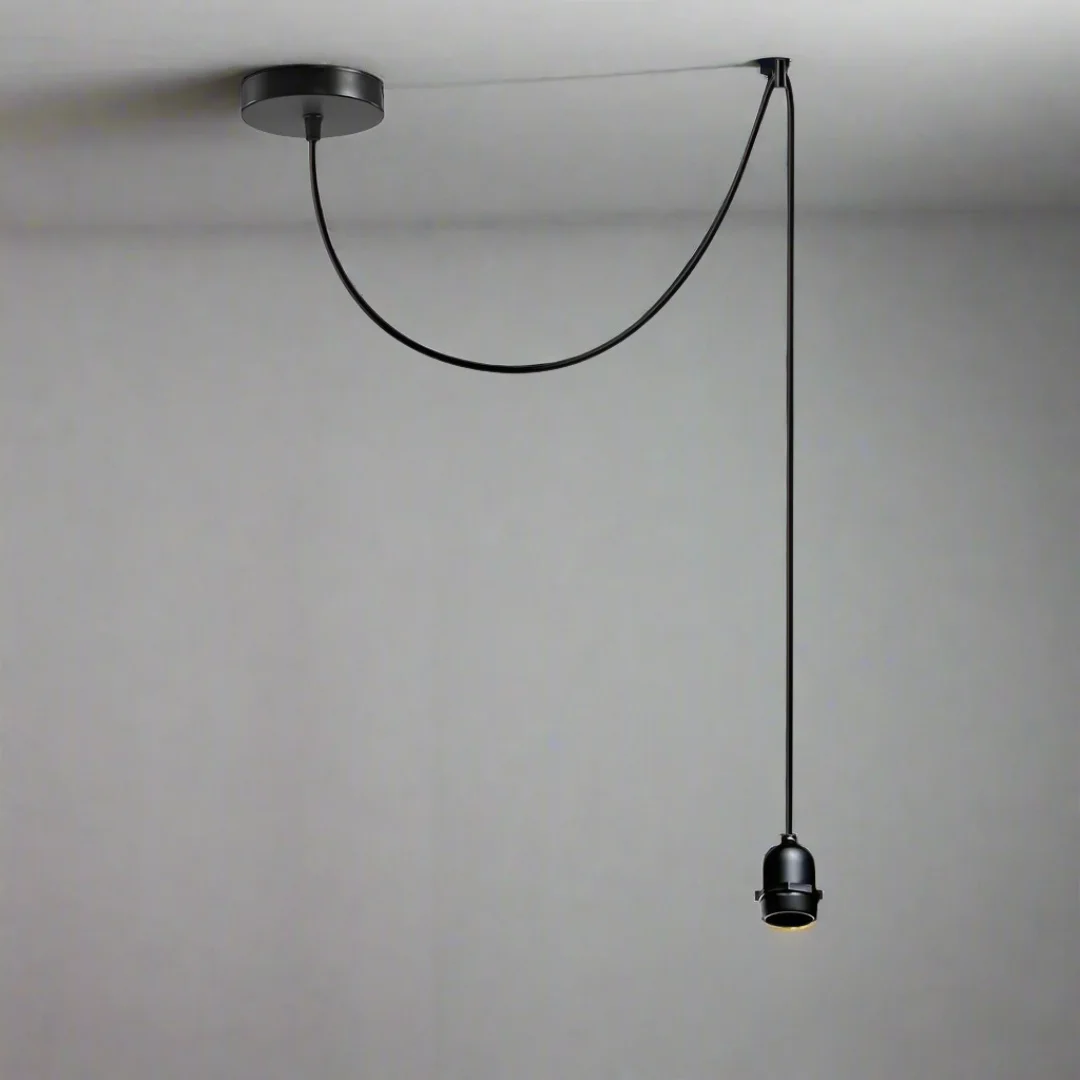 Black waterproof ceiling light with modern spider-style pendant, long cable, IP65 rating, ready for indoor/outdoor use.